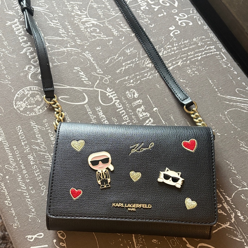 Karl Lagerfeld Black Crossbody Bag with Fun Embellishments